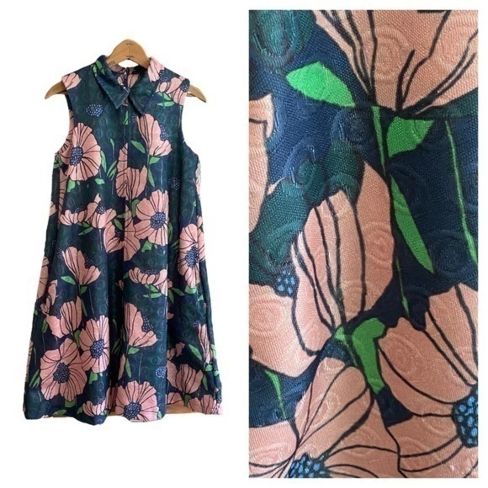 H&M Retro Style Teal Blue and Pink Floral Print Pointed Collar Tent Dress 6
